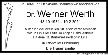 Traueranzeige von Werner Werth von OÖNachrichten