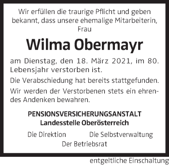Traueranzeige von Wilma Obermayr von OÖNachrichten