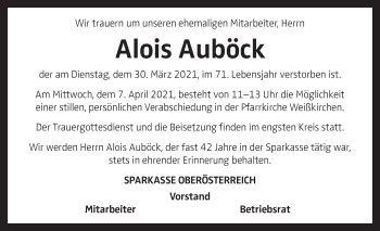 Traueranzeige von Alois Auböck von OÖNachrichten