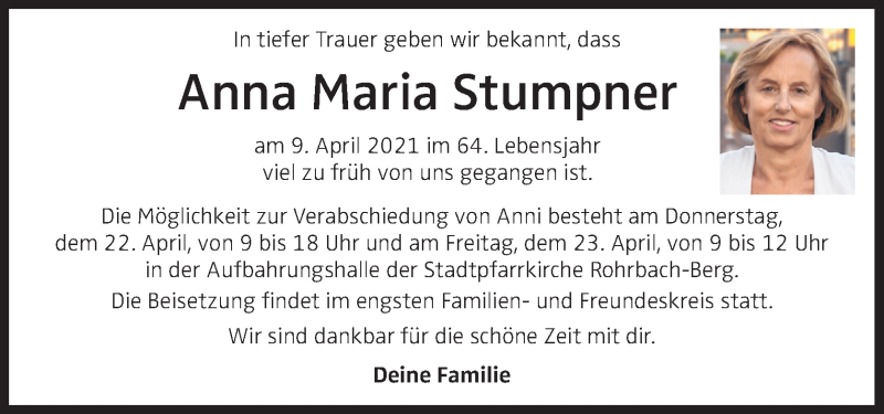  Traueranzeige für Anna Maria Stumpner vom 17.04.2021 aus OÖNachrichten