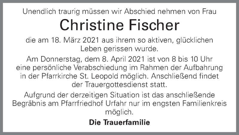  Traueranzeige für Christine Fischer vom 03.04.2021 aus OÖNachrichten