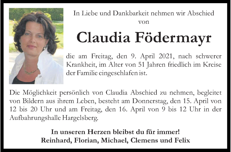  Traueranzeige für Claudia Födermayr vom 13.04.2021 aus OÖNachrichten