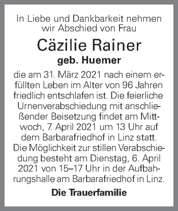 Traueranzeige von Cäzilie Rainer von OÖNachrichten