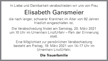 Traueranzeige von Elisabeth Gansmeier von OÖNachrichten