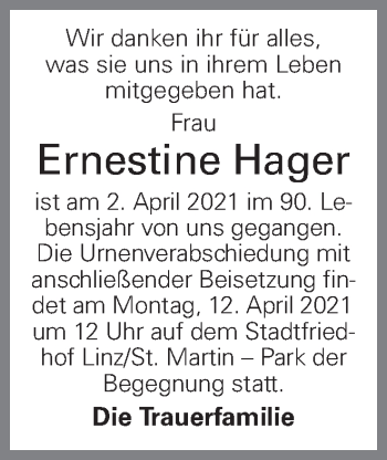 Traueranzeige von Ernestine Hager von OÖNachrichten