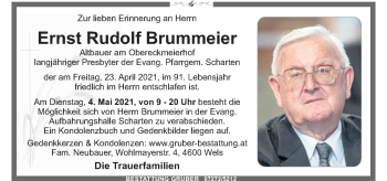 Traueranzeige von Ernst Rudolf Brummeier von OÖNachrichten