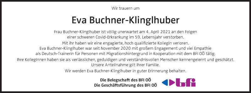  Traueranzeige für Eva Buchner-Klinglhuber vom 10.04.2021 aus OÖNachrichten