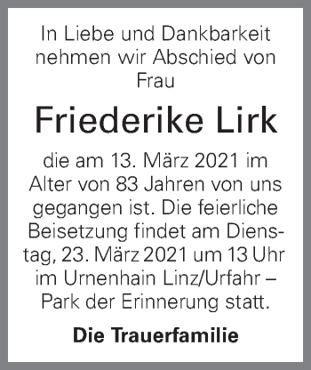 Traueranzeige von Friederike Lirk von OÖNachrichten