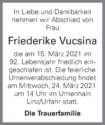 Traueranzeige von Friederike Vucsina von OÖNachrichten