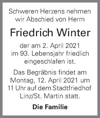 Traueranzeige von Friedrich Winter von OÖNachrichten