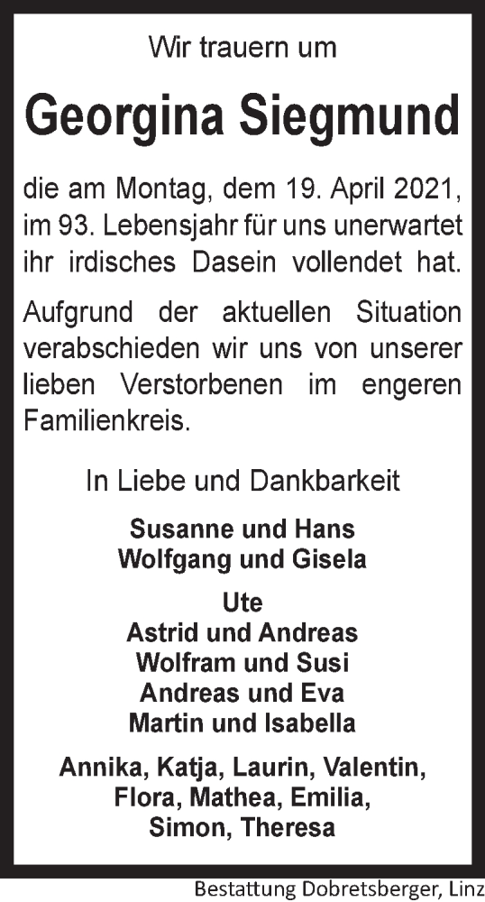  Traueranzeige für Georgina Siegmund vom 24.04.2021 aus OÖNachrichten