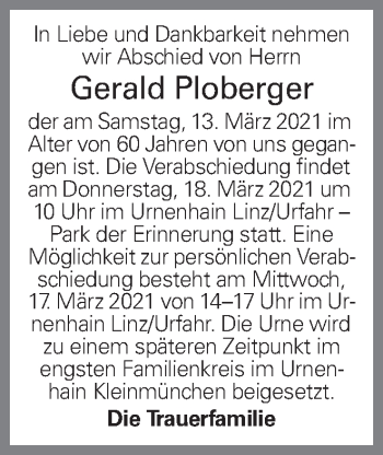 Traueranzeige von Gerald Ploberger von OÖNachrichten