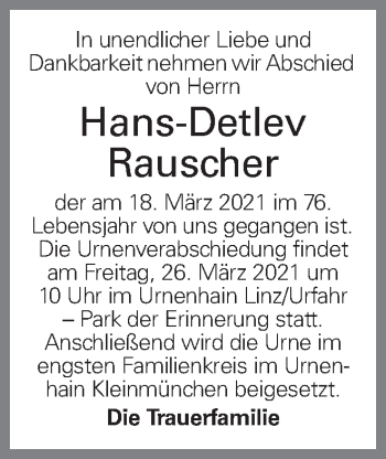 Traueranzeige von Hans-Detlev Rauscher von OÖNachrichten