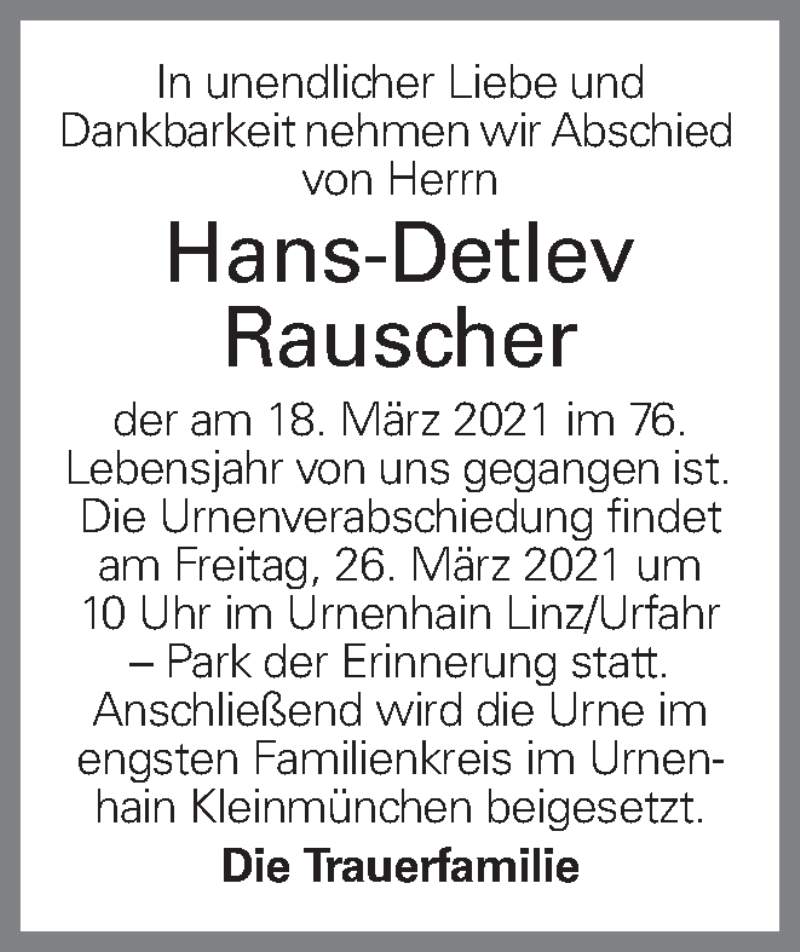  Traueranzeige für Hans-Detlev Rauscher vom 25.03.2021 aus OÖNachrichten