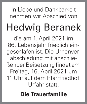 Traueranzeige von Hedwig Beranek von OÖNachrichten
