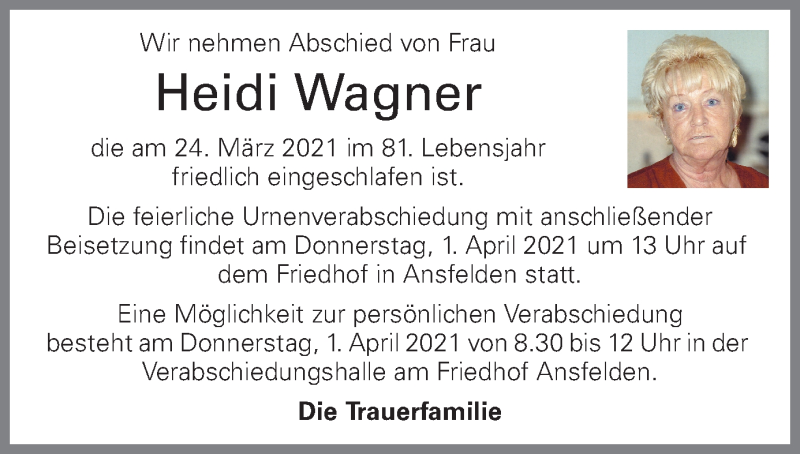  Traueranzeige für Heidi Wagner vom 27.03.2021 aus OÖNachrichten