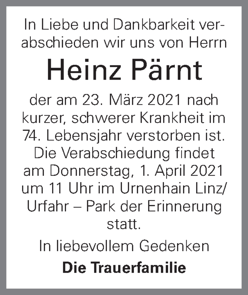  Traueranzeige für Heinz Pärnt vom 27.03.2021 aus OÖNachrichten