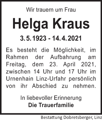 Traueranzeige von Helga Kraus von OÖNachrichten