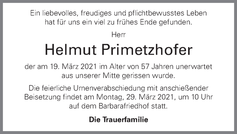  Traueranzeige für Helmut Primetzhofer vom 26.03.2021 aus OÖNachrichten