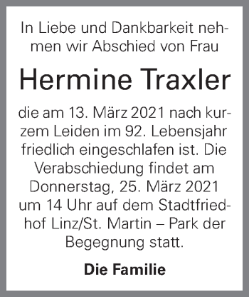Traueranzeige von Hermine Traxler von OÖNachrichten