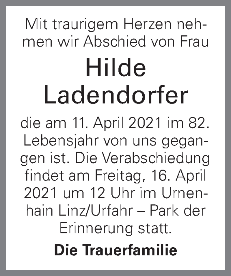  Traueranzeige für Hilde Ladendorfer vom 14.04.2021 aus OÖNachrichten