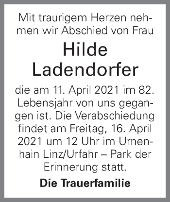 Traueranzeige von Hilde Ladendorfer von OÖNachrichten