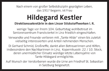 Traueranzeige von Hildegard Kestler von OÖNachrichten