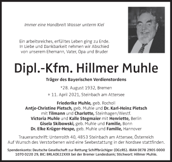Traueranzeige von Hillmer Muhle von OÖNachrichten