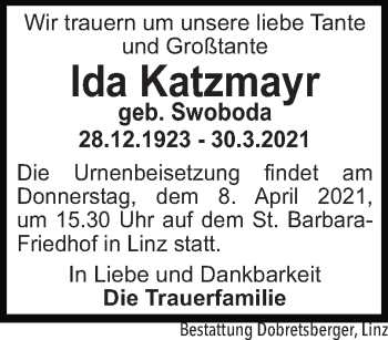 Traueranzeige von Ida Katzmayr von OÖNachrichten
