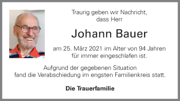 Traueranzeige von Johann Bauer von OÖNachrichten