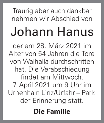 Traueranzeige von Johann Hanus von OÖNachrichten