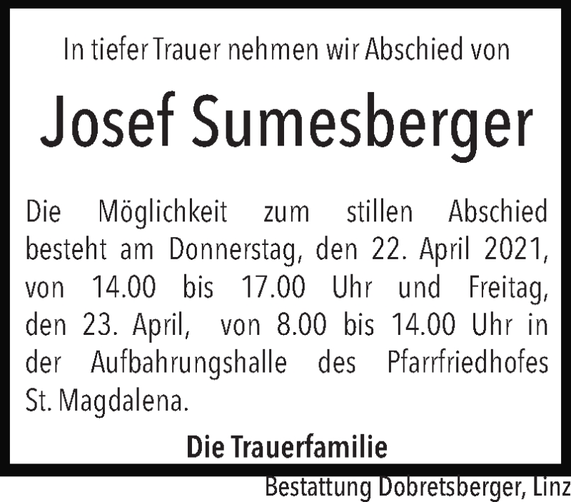  Traueranzeige für Josef Sumesberger vom 17.04.2021 aus OÖNachrichten