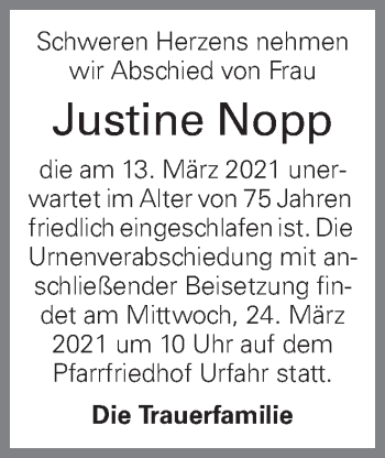 Traueranzeige von Justine Nopp von OÖNachrichten