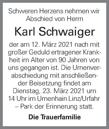 Traueranzeige von Karl Schwaiger von OÖNachrichten