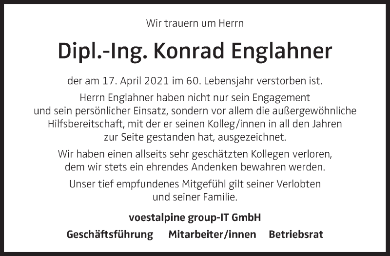  Traueranzeige für Konrad Englahner vom 27.04.2021 aus OÖNachrichten