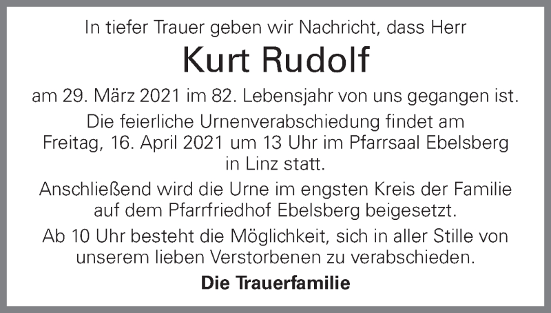  Traueranzeige für Kurt Rudolf vom 06.04.2021 aus OÖNachrichten