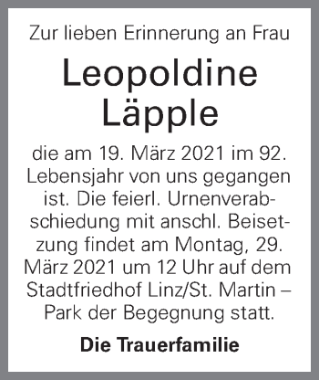 Traueranzeige von Leopoldine Läpple von OÖNachrichten