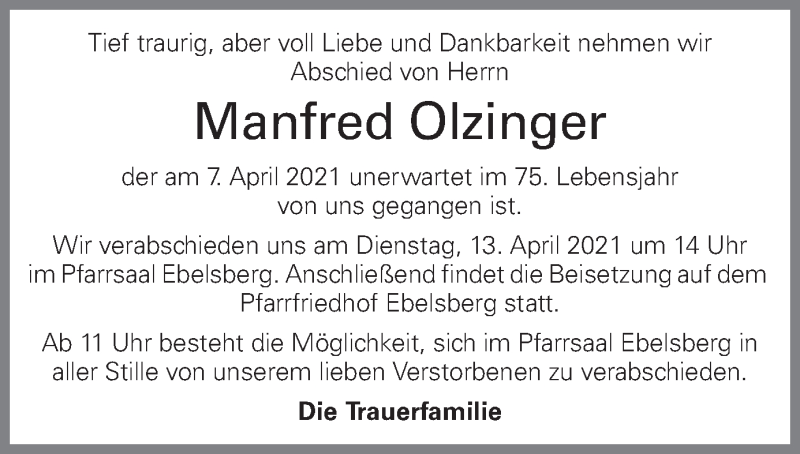  Traueranzeige für Manfred Olzinger vom 12.04.2021 aus OÖNachrichten