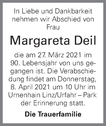 Traueranzeige von Margareta Deil von OÖNachrichten