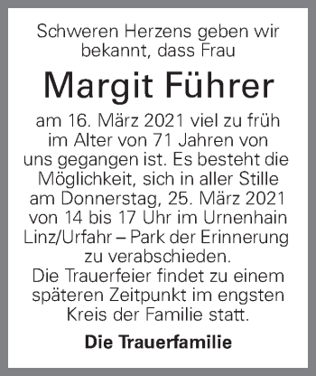 Traueranzeige von Margit Führer von OÖNachrichten