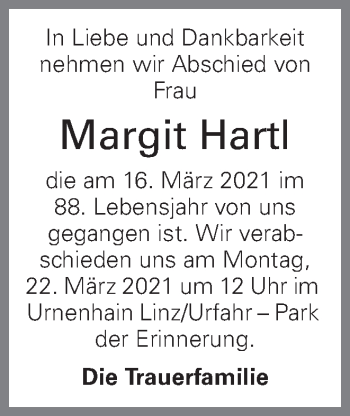 Traueranzeige von Margit Hartl von OÖNachrichten