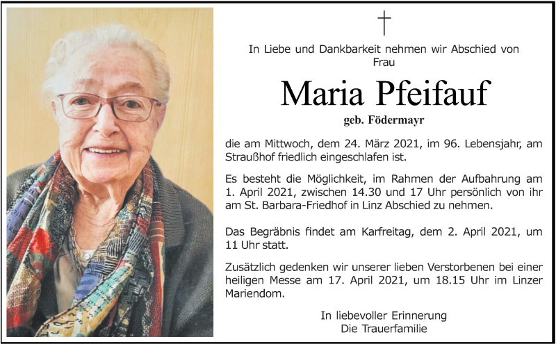  Traueranzeige für Maria Pfeifauf vom 31.03.2021 aus OÖNachrichten