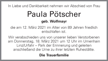 Traueranzeige von Paula Pötscher von OÖNachrichten