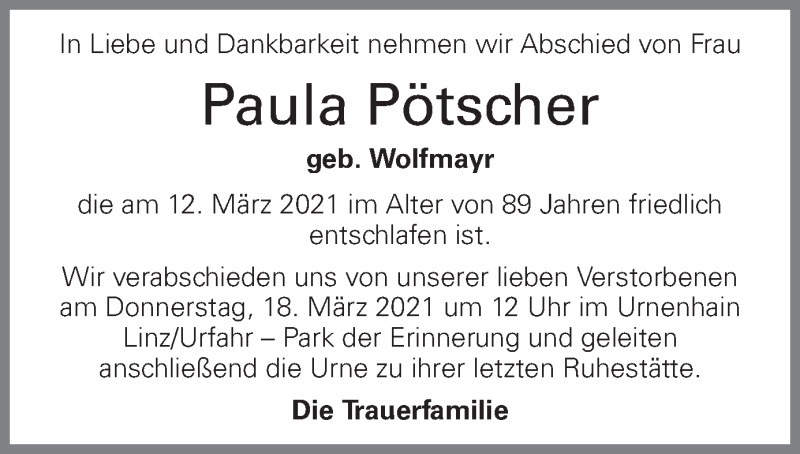  Traueranzeige für Paula Pötscher vom 17.03.2021 aus OÖNachrichten
