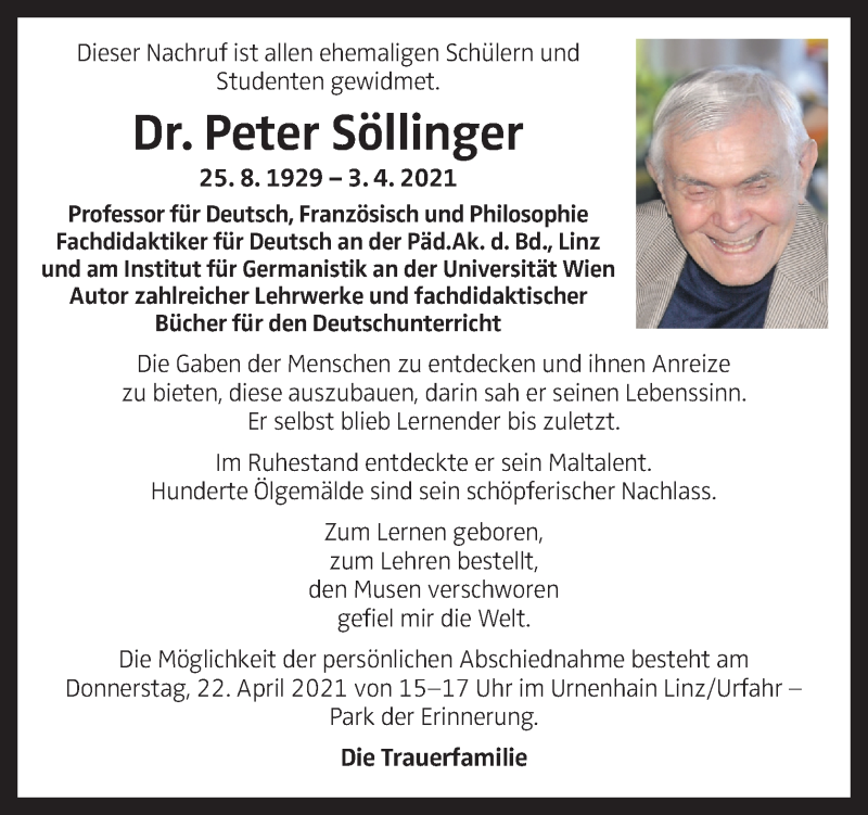  Traueranzeige für Peter Söllinger vom 17.04.2021 aus OÖNachrichten