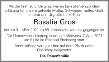 Traueranzeige von Rosalia Gros von OÖNachrichten