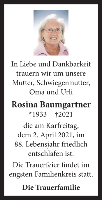 Traueranzeige von Rosina Baumgartner von OÖNachrichten
