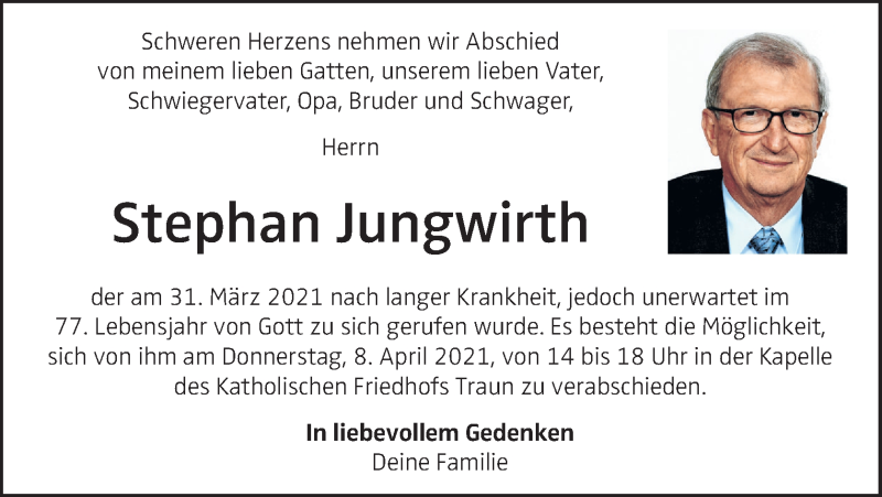  Traueranzeige für Stephan Jungwirth vom 03.04.2021 aus OÖNachrichten