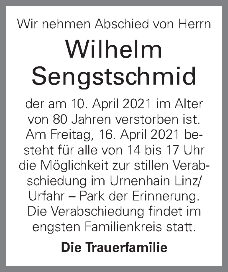  Traueranzeige für Wilhelm Sengstschmid vom 14.04.2021 aus OÖNachrichten