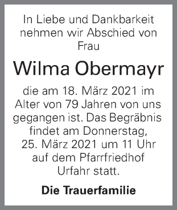 Traueranzeige von Wilma Obermayr von OÖNachrichten